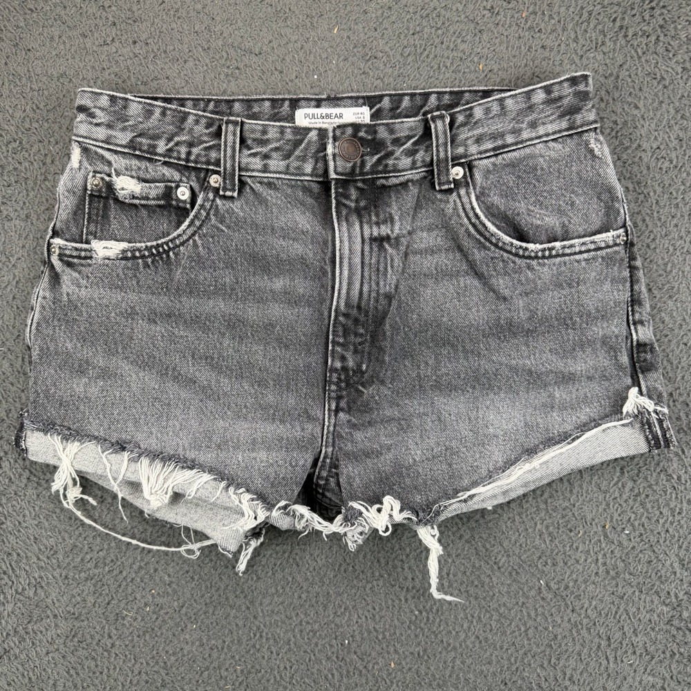 Pull&Bear Womens Black Distressed Denim Cut Off Shorts Size 8 High Rise Raw Hem